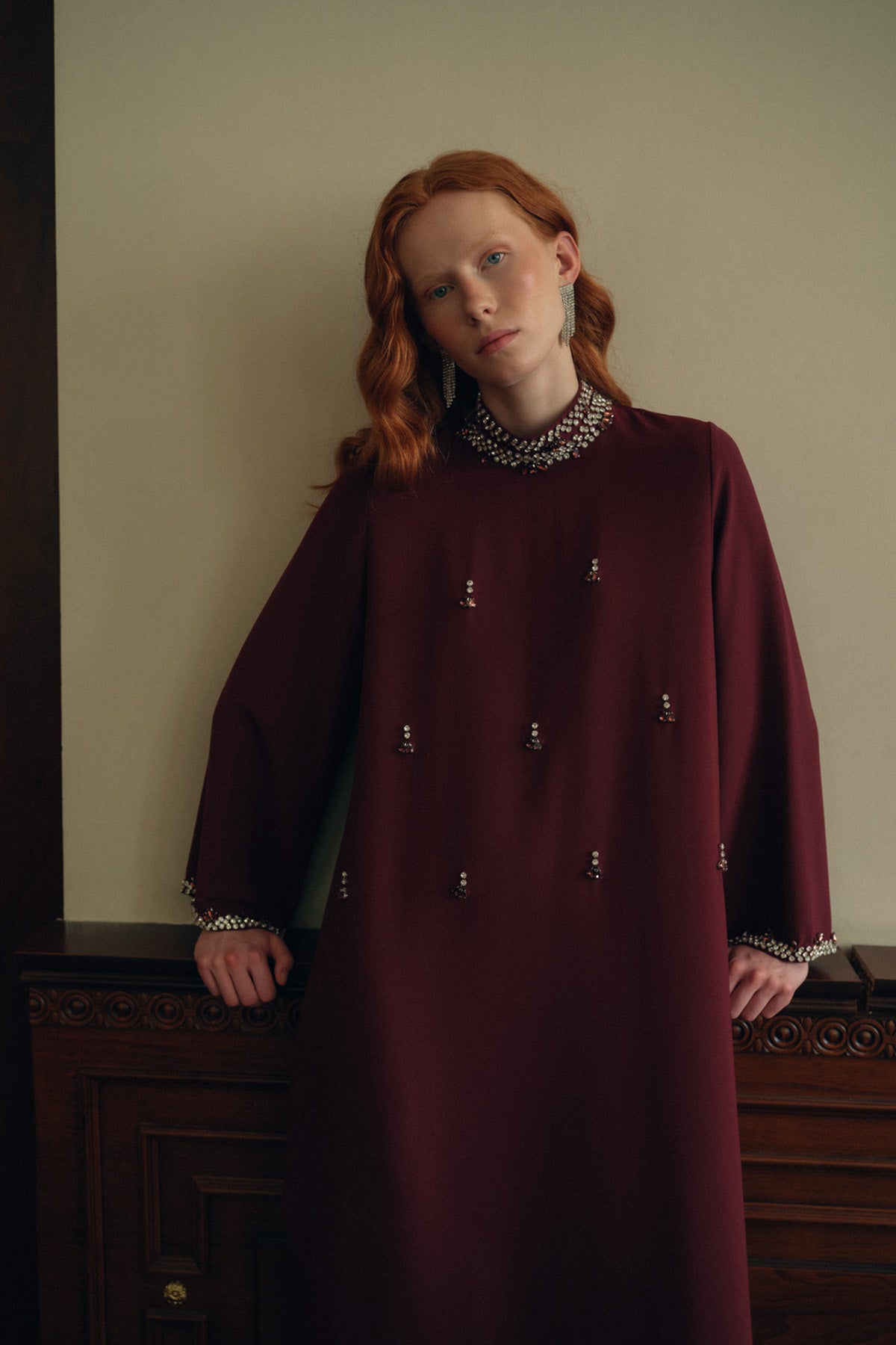 Full Taş Detaylı Elbise - Bordo