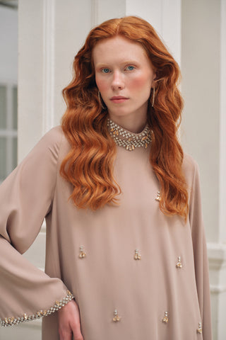 Full Taş Detaylı Elbise - Bej 