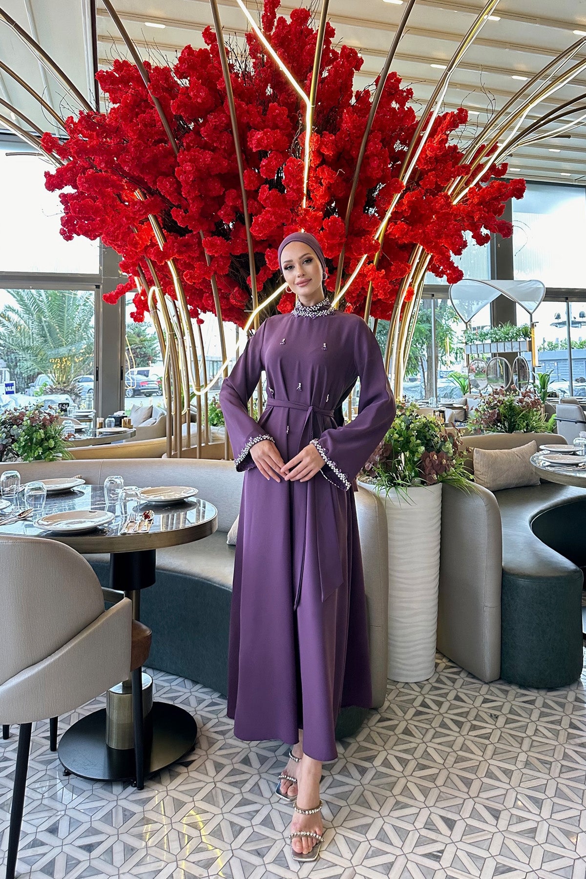 Full Taş Detaylı Elbise - Mürdüm