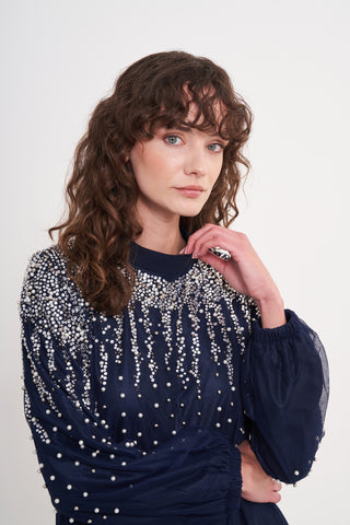 Yakası Sarkık Taşlı Kol Arası Piliseli Elbise - Lacivert