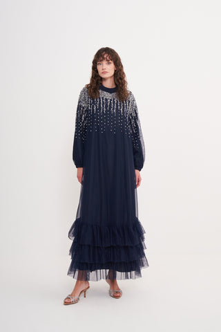 Yakası Sarkık Taşlı Kol Arası Piliseli Elbise - Lacivert