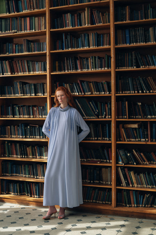 Omuzları Taş Detaylı Şifonlu Elbise - Mavi