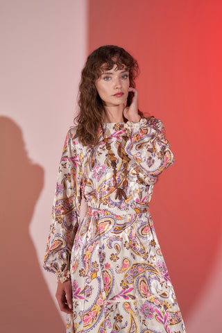 Püskül Şerit Detaylı Desenli Jakar Elbise - Ekru Mor