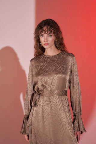 Etek Ve Kol Uçları Volan Detaylı Desenli Jakar Elbise -  Vizon