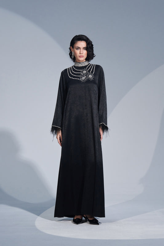 Kol Uçları Tüy ve Taş İşleme Detaylı Elbise - siyah