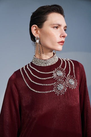 Kol Uçları Tüy ve Taş İşleme Detaylı Elbise - bordo