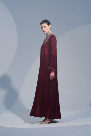 Kol Uçları Tüy ve Taş İşleme Detaylı Elbise - bordo