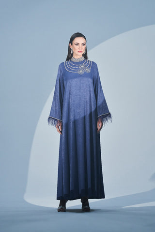Kol Uçları Tüy ve Taş İşleme Detaylı Elbise - indigo