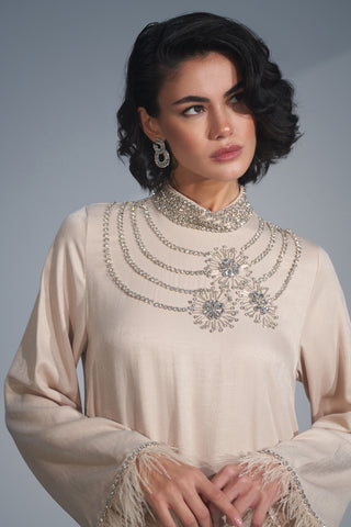 Kol Uçları Tüy ve Taş İşleme Detaylı Elbise - bej