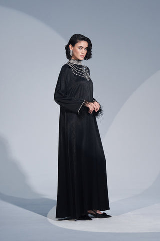 Kol Uçları Tüy ve Taş İşleme Detaylı Elbise - siyah