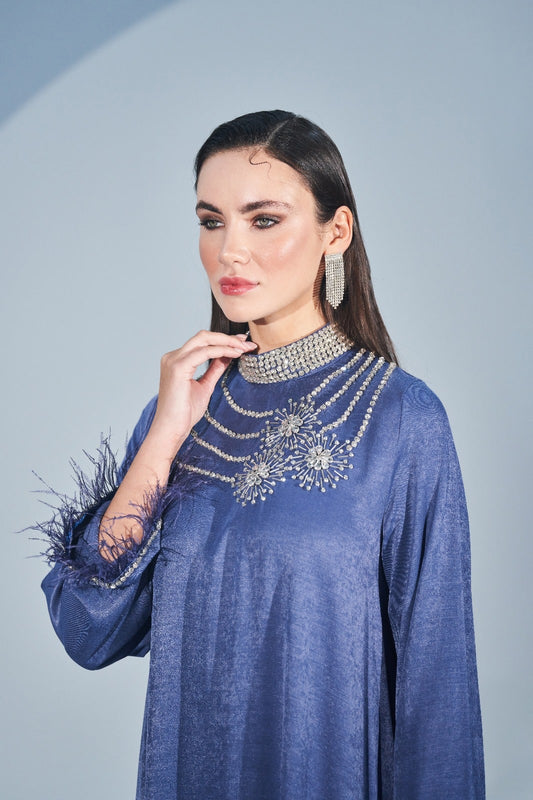 Kol Uçları Tüy ve Taş İşleme Detaylı Elbise - indigo
