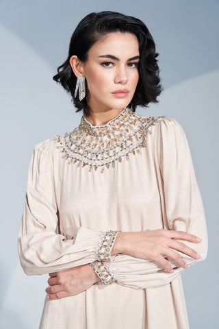 Ön Yaka ve Kol Uçları El İşi Taş Desen Detaylı Elbise - bej