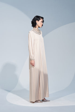 Ön Yaka ve Kol Uçları El İşi Taş Desen Detaylı Elbise - bej