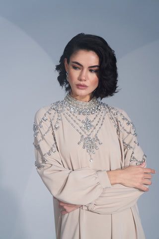 Yaka ve Omuz El İşi Taş Detaylı Elbise - bej
