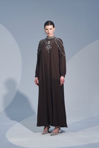 Yaka ve Omuz El İşi Taş Detaylı Elbise - kahve