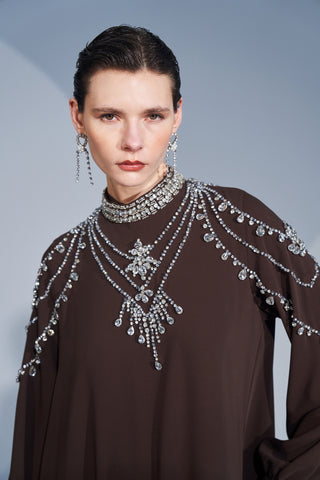 Yaka ve Omuz El İşi Taş Detaylı Elbise - kahve