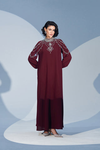Yaka ve Omuz El İşi Taş Detaylı Elbise - bordo