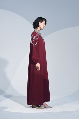 Yaka ve Omuz El İşi Taş Detaylı Elbise - bordo