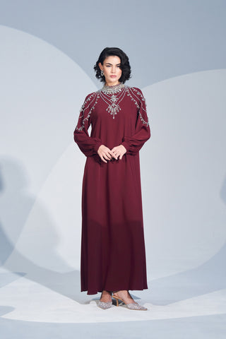 Yaka ve Omuz El İşi Taş Detaylı Elbise - bordo