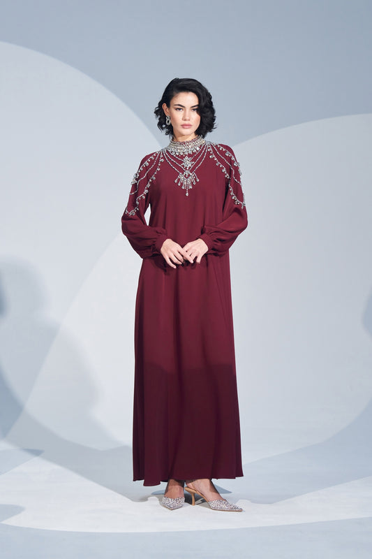 Yaka ve Omuz El İşi Taş Detaylı Elbise - bordo