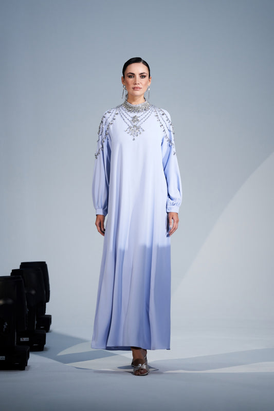 Yaka ve Omuz El İşi Taş Detaylı Elbise - mavi