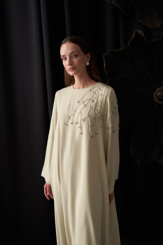 Kol Ucu ve Omuz Kısmında Taş İşlemeli Elbise - Mimoza