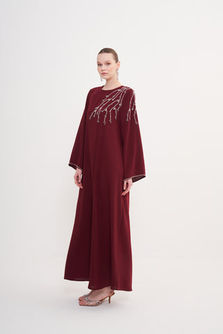 Kol Ucu ve Omuz Kısmında Taş İşlemeli Elbise - bordo