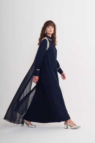 Omuz ve Yaka El İşi Taş İşlemeli Kol Pelerin Detaylı Elbise - lacivert