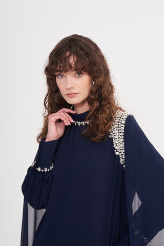 Omuz ve Yaka El İşi Taş İşlemeli Kol Pelerin Detaylı Elbise - lacivert