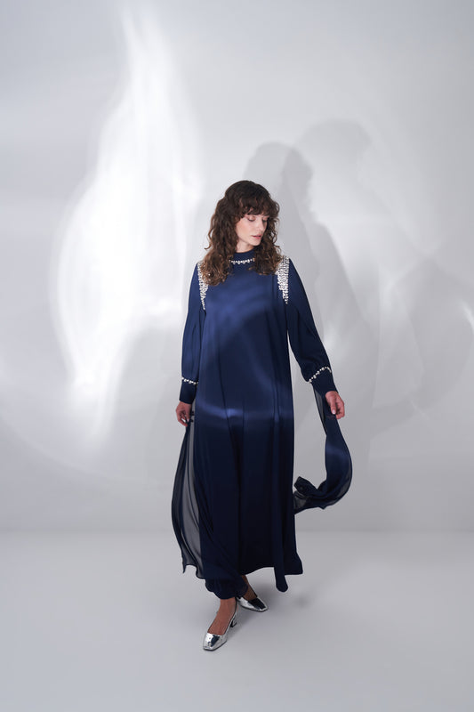 Omuz ve Yaka El İşi Taş İşlemeli Kol Pelerin Detaylı Elbise - lacivert