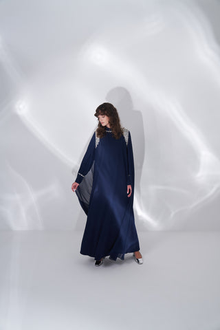 Omuz ve Yaka El İşi Taş İşlemeli Kol Pelerin Detaylı Elbise - lacivert