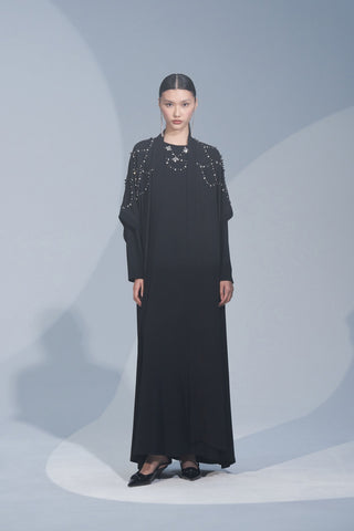 El İşlemeli Taş Detaylı Elbise - siyah