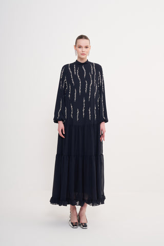 Önden Taş Baskı Detaylı Eteği Fırfırlı Elbise - lacivert