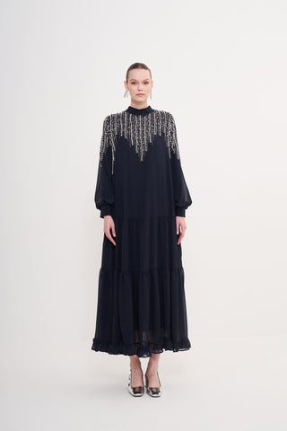 Önü Taş Boncuk Baskı ve Eteği Fırfır Detaylı Şifon Elbise - lacivert