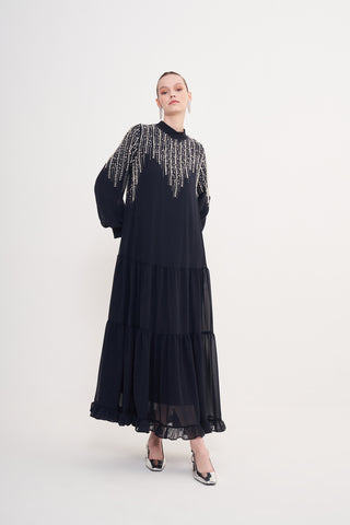Önü Taş Boncuk Baskı ve Eteği Fırfır Detaylı Şifon Elbise - lacivert