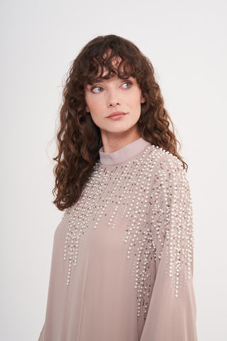 Önü Taş Boncuk Baskı ve Eteği Fırfır Detaylı Şifon Elbise - bej