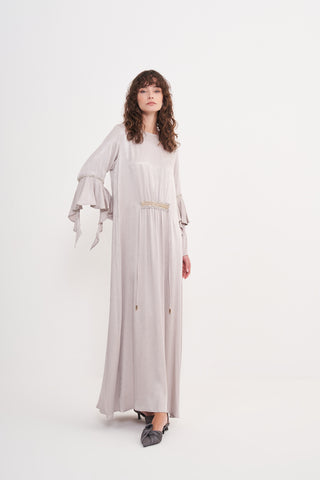 Kolları Volanlı ve Belinde Eli İşi Boncuk Detaylı Elbise - taş