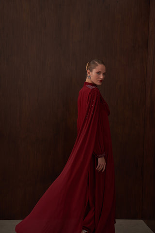 Degaje Dökümlü El İşi Boncuk Detaylı Pelerin Elbise - bordo