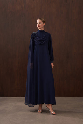 Degaje Dökümlü El İşi Boncuk Detaylı Pelerin Elbise - lacivert