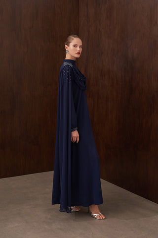Degaje Dökümlü El İşi Boncuk Detaylı Pelerin Elbise - lacivert
