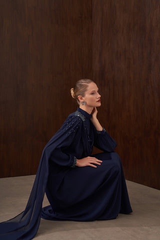 Degaje Dökümlü El İşi Boncuk Detaylı Pelerin Elbise - lacivert