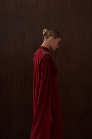 Degaje Dökümlü El İşi Boncuk Detaylı Pelerin Elbise - bordo