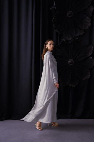 Degaje Dökümlü El İşi Boncuk Detaylı Pelerin Elbise - mavi