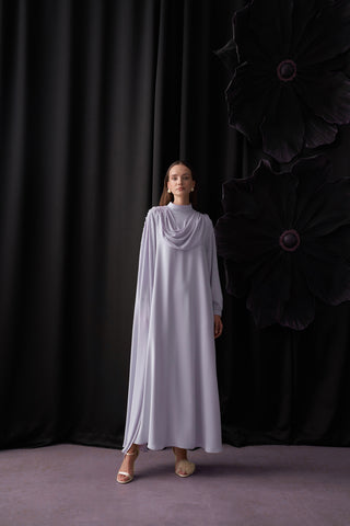 Degaje Dökümlü El İşi Boncuk Detaylı Pelerin Elbise - mavi