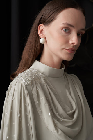 Degaje Dökümlü El İşi Boncuk Detaylı Pelerin Elbise - taş