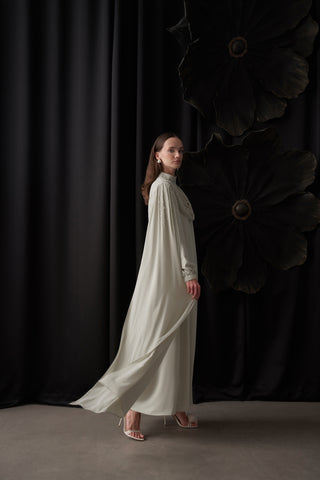 Degaje Dökümlü El İşi Boncuk Detaylı Pelerin Elbise - taş