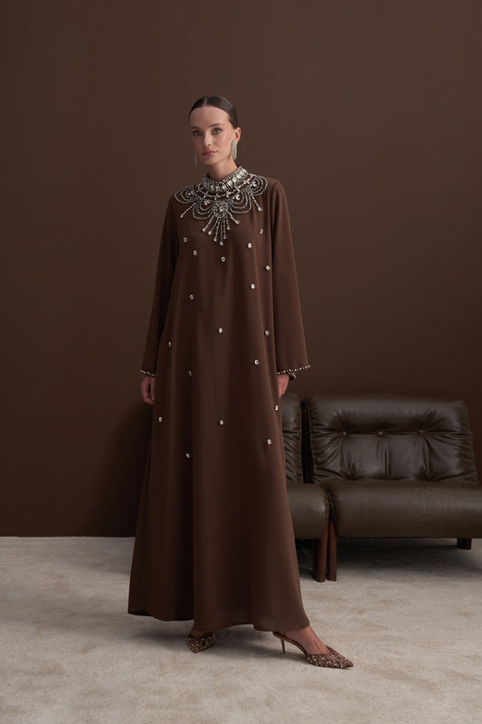 Ön Yaka Full Taş İşleme Detaylı Elbise - Kahve