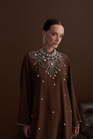Ön Yaka Full Taş İşleme Detaylı Elbise - Kahve