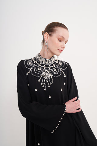 Ön Yaka Full Taş İşleme Detaylı Elbise - Siyah