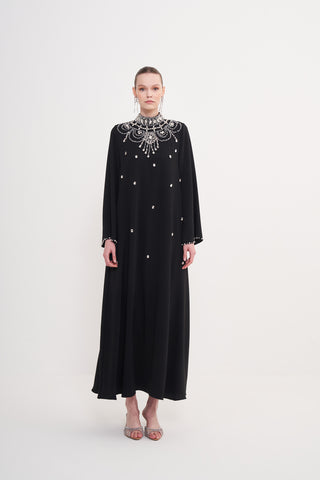 Ön Yaka Full Taş İşleme Detaylı Elbise - Siyah